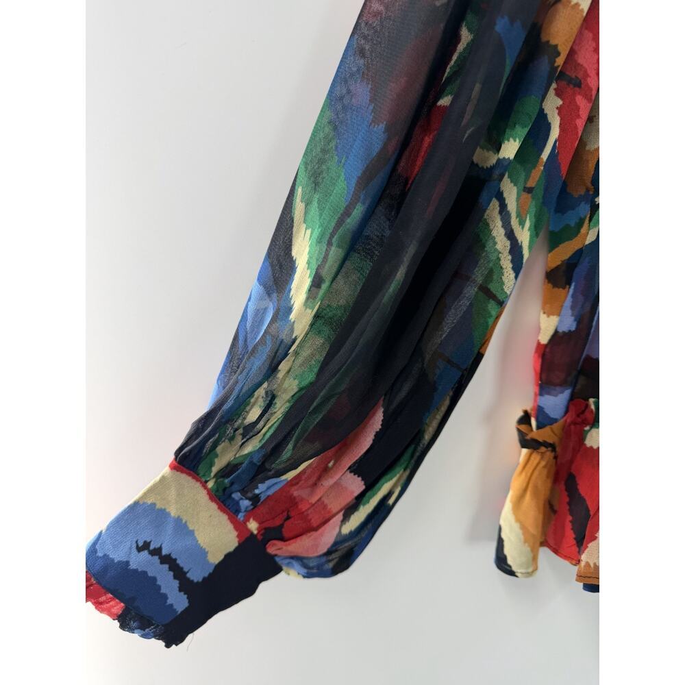 Farm Rio Women's Abstract Multicolor Ruffle Collared Smocked Blouse Size XS - Picture 4 of 11